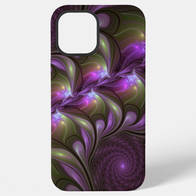 Coque iPhone Art fractal abstrait violet pourpre kaki coloré (Verso)
