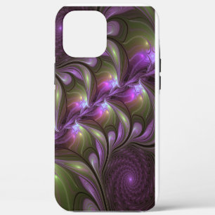 Coque iPhone 12 Pro Max Art fractal abstrait violet pourpre kaki coloré