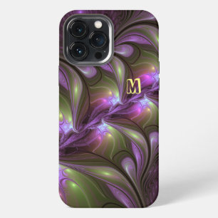 Etui iPhone 13 Pro Max Art fractal abstrait violet pourpre kaki coloré