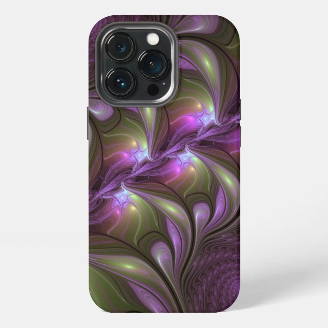 Coque iPhone Art fractal abstrait violet pourpre kaki coloré (Dos)
