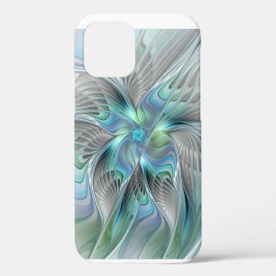 Coque iPhone 12 Art fractal fantaisie papillon bleu vert abstrait