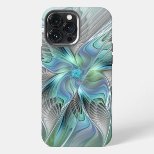 Etui iPhone 13 Pro Max Art fractal fantaisie papillon bleu vert abstrait