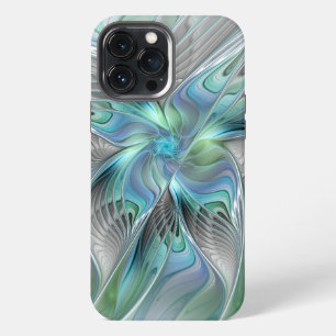 Etui iPhone 13 Pro Max Art fractal fantaisiste papillon bleu vert abstrai
