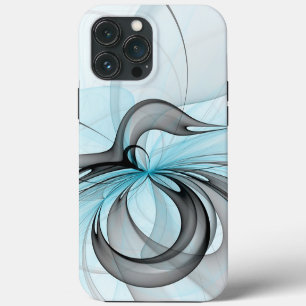 Etui iPhone 13 Pro Max Art fractal moderne gris anthracite abstrait bleu