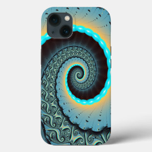 Etui iPhone 13 Art fractal spirale abstrait bleu turquoise orange
