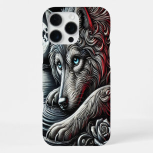 Coque iPhone 16 Pro Max Art Loup aux Yeux Bleus Nuit