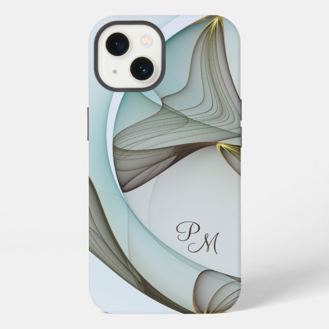 Coque iPhone Art Moderne Abstrait Initiales Turquoise Marron Or (Verso)