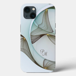 Etui iPhone 13 Art Moderne Abstrait Initiales Turquoise Marron Or