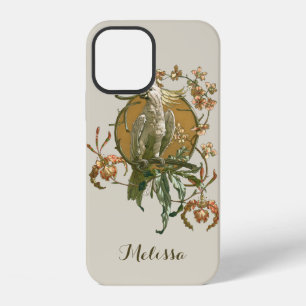Coque iPhone 12 Art Nouveau vintage, oiseau cacatoès, fleurs d'orc