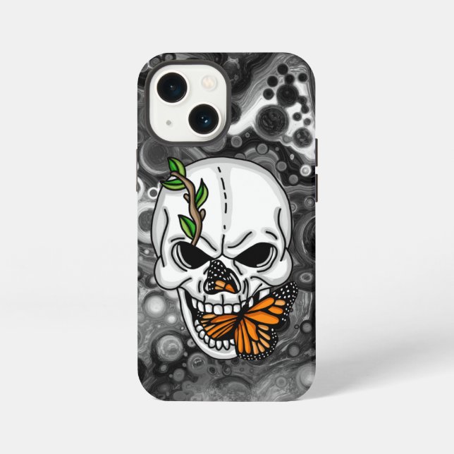 Coque iPhone Art numérique crâne et papillon (Verso)