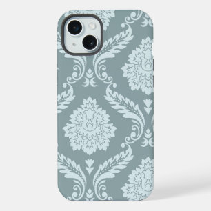 Coque iPhone 15 Plus Art Rococo Damassé I Bleu de Canard+Turquoise