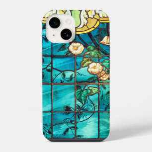 Coque Pour iPhone 14 Aspect floral bleu rose de vitrail victorien