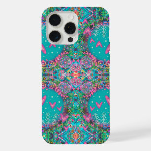 Coque iPhone 15 Pro Max Assez Amusant Motif Cœurs Fleurs Bohème Bleu
