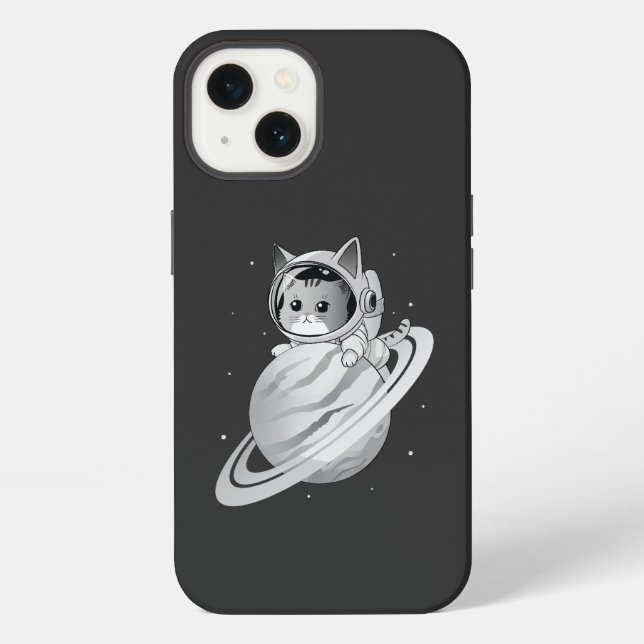 Coque iPhone Astronaut de chat spatial avec planète Saturne (Verso)