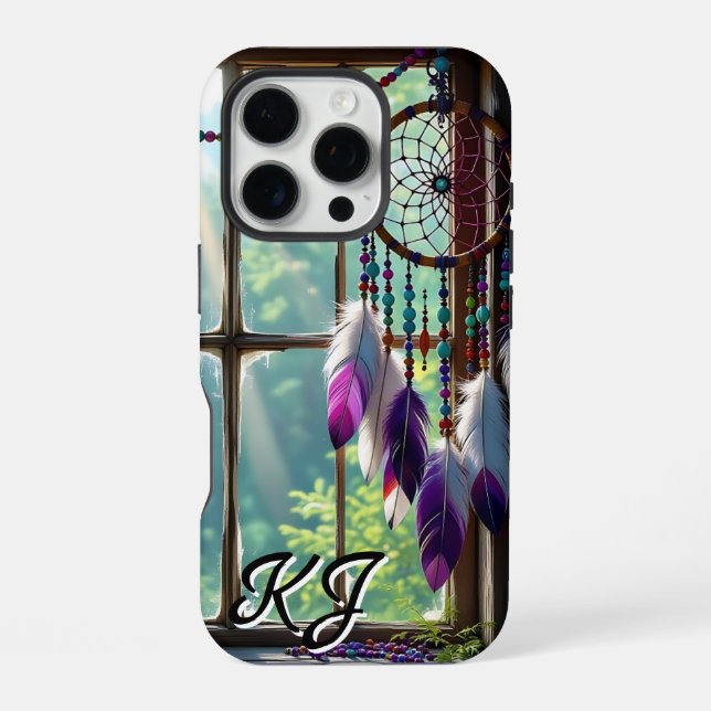 Coque iPhone Attrape-rêve Violet Bohème dans Fenêtre Monogrammé (Verso)