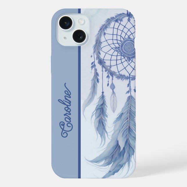 Coque iPhone Attrape-rêves plumes aquarelle bleue nom (Verso)