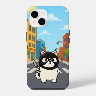 Coque Pour iPhone 14 Autocollant de chat blanc drôle avec masque et cou