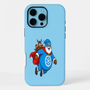 Coque iPhone 16 Pro Max Autocollant de Noël du Père Noël Super-héros Bleu