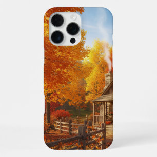 Coque iPhone 16 Pro Max Automne Cozy avec cabane rustique et couleurs chau