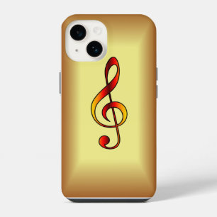 Coque Pour iPhone 14 Avant Garde, Rouge, Clé de sol dorée sur fond doré
