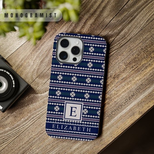 Coque iPhone Aztec Bleu Nuit Blanc Gris Personnalisable (Customizable Dark Navy Blue White Grey Aztec iPhone Case)