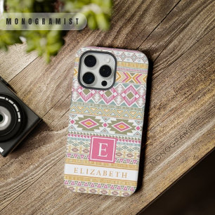 Coque iPhone 15 Pro Max Aztec bleu rose vert jaune clair personnalisable