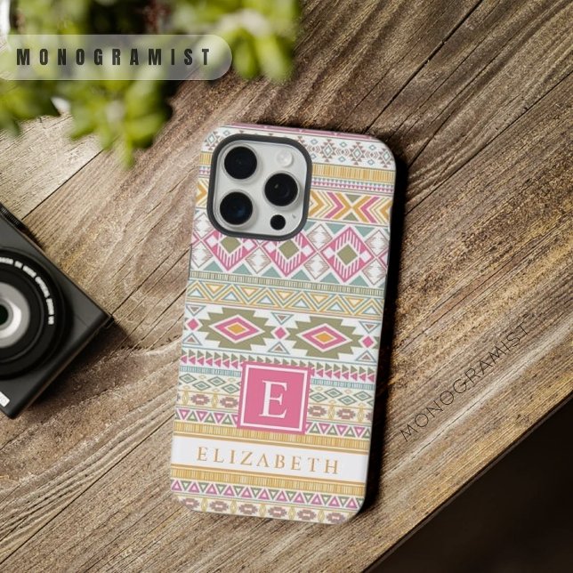 Coque iPhone Aztec bleu rose vert jaune clair personnalisable (Customizable Light Yellow Green Pink Blue Aztec iPhone Case)