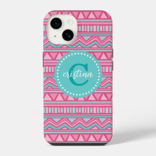 Coque Pour iPhone 14 Aztec Chevron Rosé et Turquoise Monogramme personn