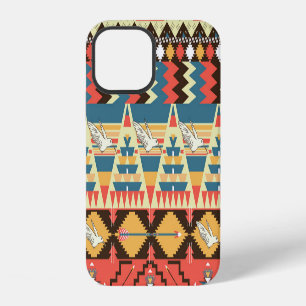 Coque iPhone 12 Aztec coloré : motif d'oiseaux et de fleurs.