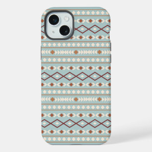 Coque iPhone 15 Plus Aztec Formes Motif Rusts Crème Turquoise-Bleu