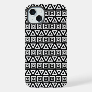 Coque iPhone 15 Plus Aztec Triangles+Motif Carré blanc sur noir