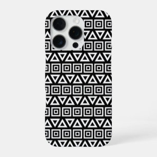 Coque iPhone 16 Pro Aztec Triangles+Motif Carré blanc sur noir
