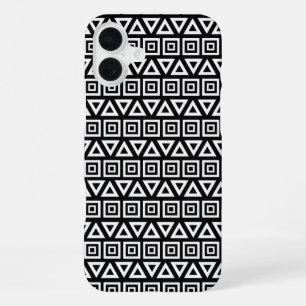 Coque iPhone 16 Plus Aztec Triangles+Motif Carré blanc sur noir