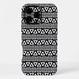 Coque iPhone 16 Pro Max Aztec Triangles+Motif Carré blanc sur noir