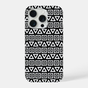 Coque iPhone 15 Pro Aztec Triangles+Motif Carré blanc sur noir