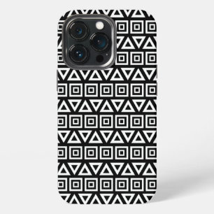 Etui iPhone 13 Pro Aztec Triangles+Motif Carré blanc sur noir