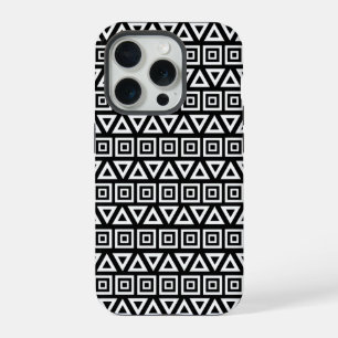 Coque iPhone 15 Pro Aztec Triangles+Motif Carré blanc sur noir