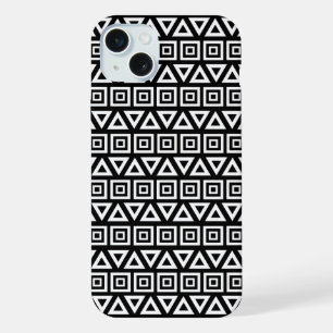 Coque iPhone 15 Plus Aztec Triangles+Motif Carré blanc sur noir