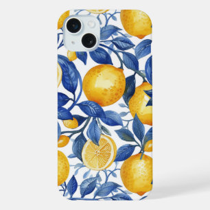 Coque iPhone 15 Plus Azulejo Lemons Feuilles bleus