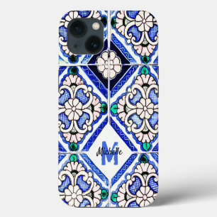 Etui iPhone 13 Azulejo Motif espagnol Carreaux marine Monogramme