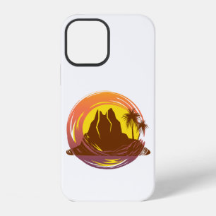 Coque iPhone 12 Badge avec paysage volcanique tropical et palmiers