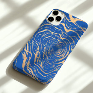 Coque iPhone 16 Pro Max bague de luxe en or jaune faux gras en bleu royal