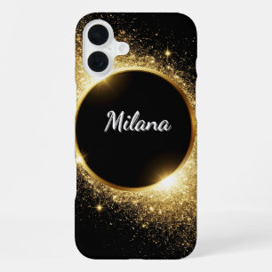 Coque iPhone 16 Plus Bague en paillettes dorées