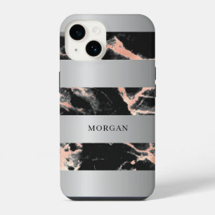 Coque Pour iPhone 14 Bagues argentées, marbre or rose et noir, nom