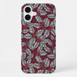 Coque iPhone 16 Plus Baie de houx, feuilles grises sur fond rouge foncé