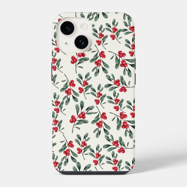 Coque iPhone Baies rouges de houx feuilles de gui vertes (Verso)
