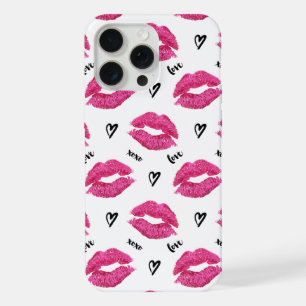 Coque iPhone 15 Pro Max Baisers de rouge à lèvres rose et coeurs