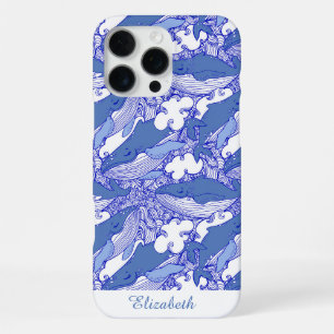 Coque iPhone 16 Pro Max Baleine à bosse monochromatique bleue personnalisé