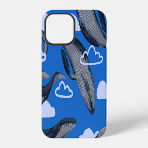 Coque iPhone 12 Baleines Bleues Dessinées à la Main Vintage