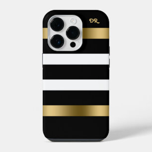 Coque Pour iPhone 14 Plus Bandes blanches et noires Accents or motif